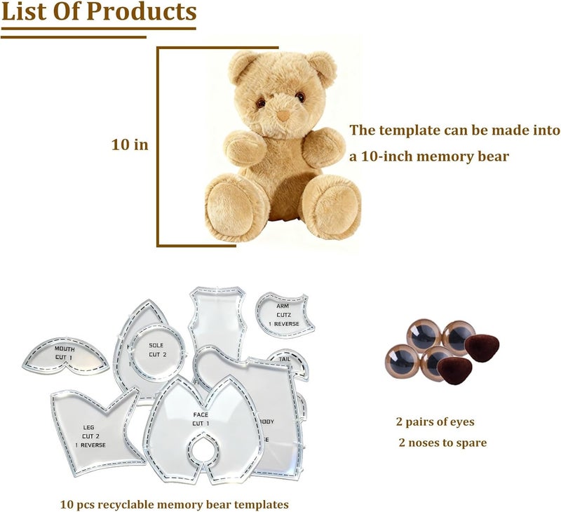 SUNYAO 10 Inch Memory Bear Quilting Templates & Sewing Patterns - Beginners Friendly | with PVC Stencil Rulers, Craft Eyes and Noses Step-by-Step Tutorials/Instructions for Easy DIY(10in) - Image 4